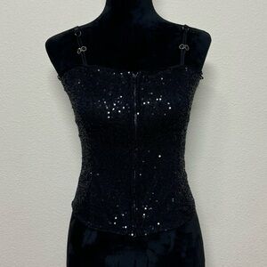 T&T top women medium cotton blend sequin zipper spaghetti strap tank black